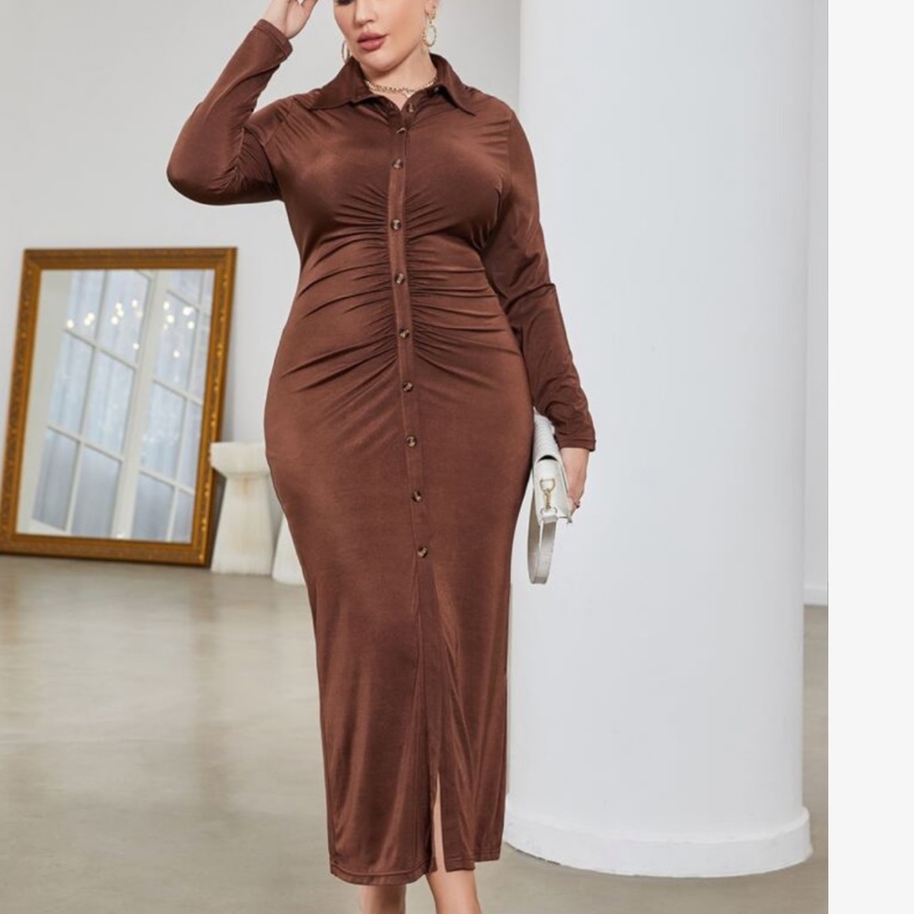 long sleeve ruched maxi buttons down dress 1x brown